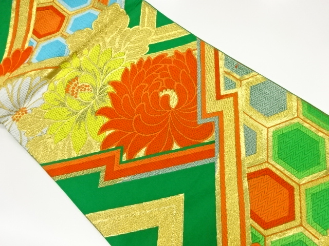 花々に亀甲模様織出し袋帯